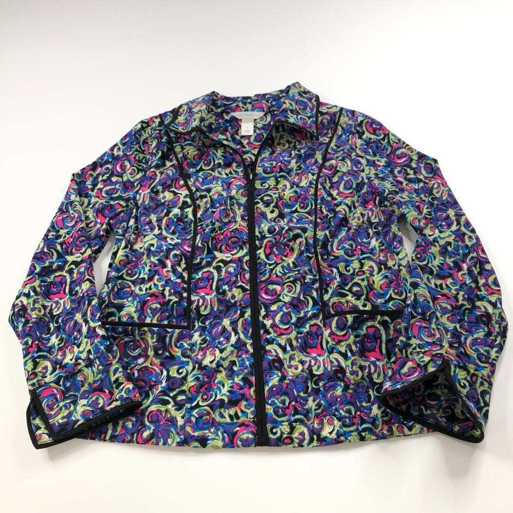 Christopher & Banks Medium Retro Bowling Neon Multicolor Zip Collared Jacket